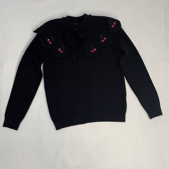 Fraze Black Cape Detailed Shoulder Sweater Cherries Tie Vintage Inspired Size 12 - Picture 2 of 16